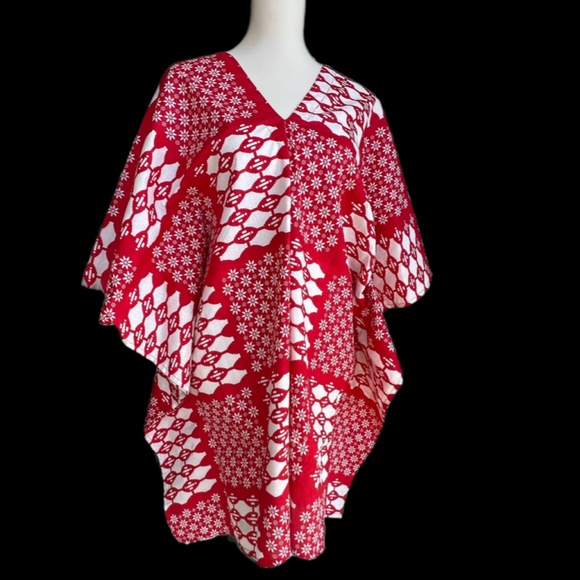 0127/ Red & White Batik Pattern Short Kaftan, Cotton Dress - Picture 9 of 14